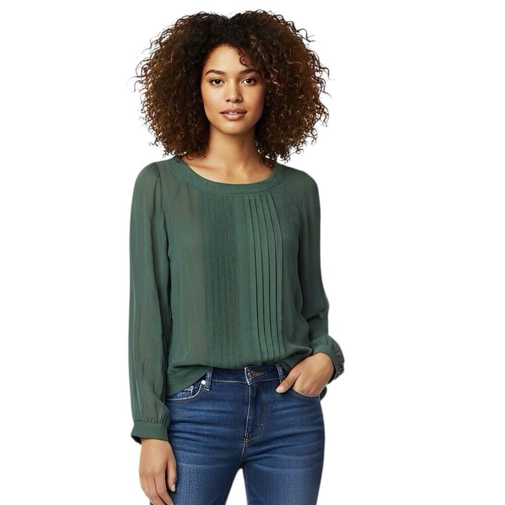 One Fine Day Womens Blouse Large Green Sheer Long Sleeves Anthropologie Office